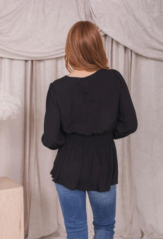 Bethany Smocked Waist Long Sleeve Blouse in Black