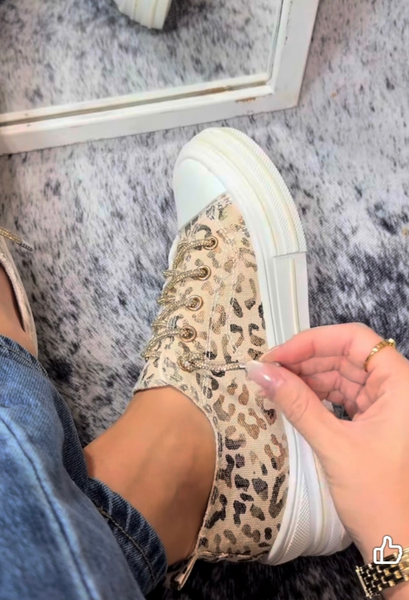 leopard sneaker with gold ties