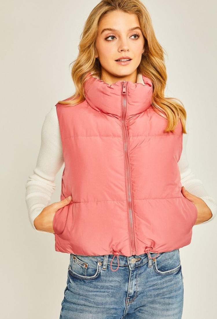 Reversible Puffer Vest in Hibiscus/Cream