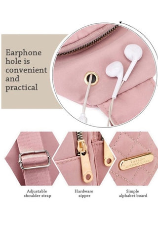 Pink crossbocy bag with earphone hole, adjustable shoulder strap, hardware zipper