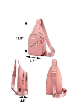 Pink sling bag with measurements on a white background
