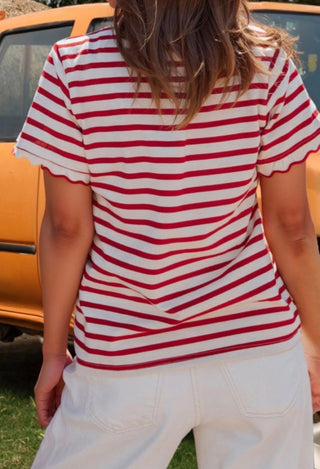 women's red and whiite striped top