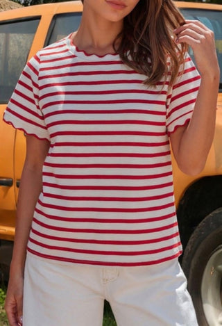 Person wearing a red and white striped womens shirt 