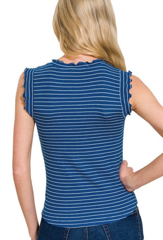 Blue striped sleeveless top worn by a person on a white background