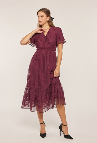 Ambrosia Embroidered Chiffon Dress in Mulberry