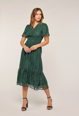 Ambrosia Embroidered Chiffon Dress in Hunter Green