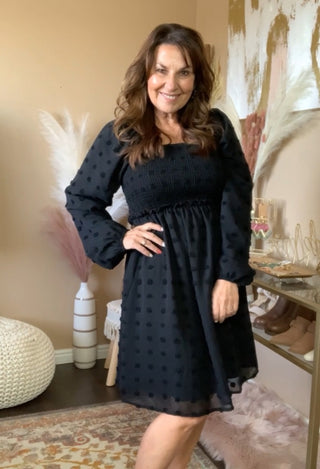 Square neck black dress