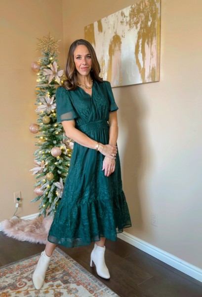 Ambrosia Embroidered Chiffon Dress in Hunter Green