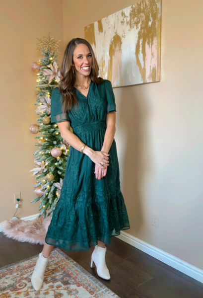 Ambrosia Embroidered Chiffon Dress in Hunter Green