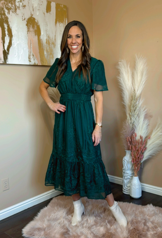 Ambrosia Embroidered Chiffon Dress in Hunter Green