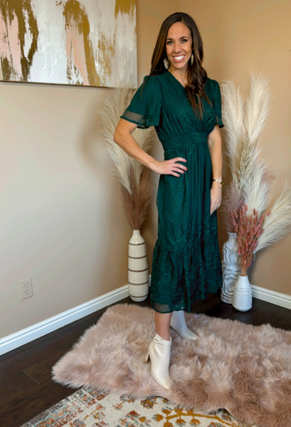 Ambrosia Embroidered Chiffon Dress in Hunter Green