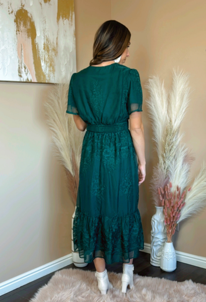 Ambrosia Embroidered Chiffon Dress in Hunter Green