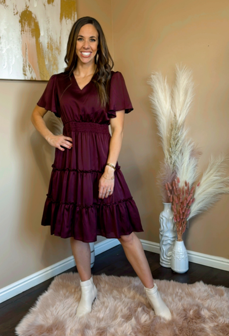 Marrissa 3 Tier V Neck Dress in Burgundy