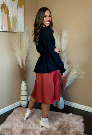 Bethany black blouse with red silk skirt
