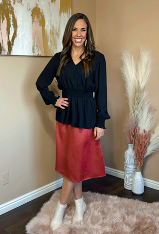 Bethany Smocked Waist Long Sleeve Blouse in Black