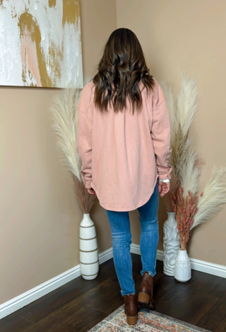 pink shirt jacket for women back view