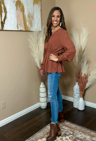 Bethany Smocked waist long sleeve Blouse in Clay