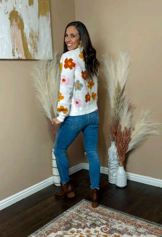 White sweater with fall floral print back view