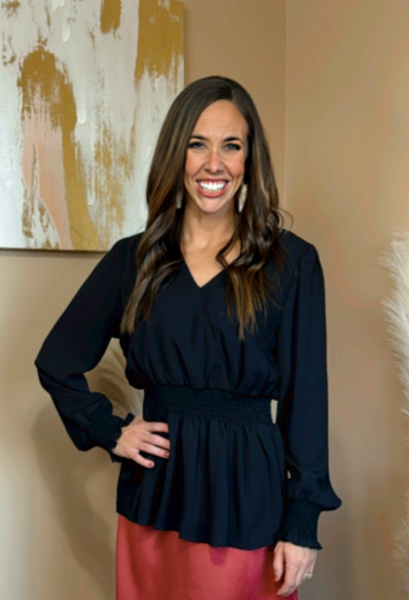 Bethany Smocked Waist Long Sleeve Blouse in Black