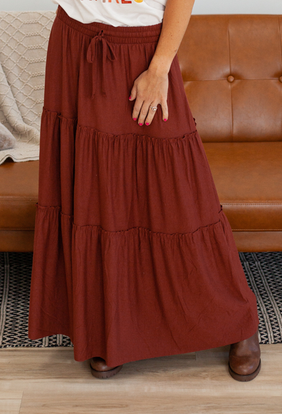 Bohemian Tiered Maxi Skirt in Autumn Rust