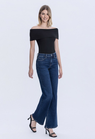 Vervet High Rise Vintage Flare Jeans with black top and heels