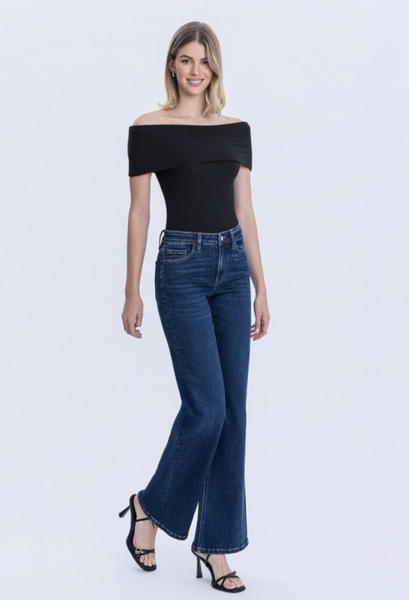 Vervet High Rise Vintage Flare Jeans with black top and heels
