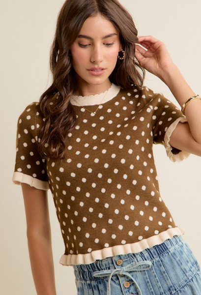 Milina Brown Polka dot sweater with cream dots and cream trim on neck, arms and hem.
