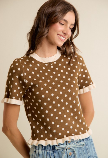 Brown and cream polka dot sweater top