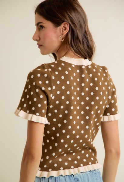 brown and cream polka dot sweater back view