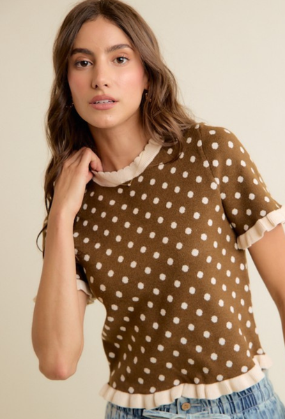 brown polka dot short sleeve sweater top