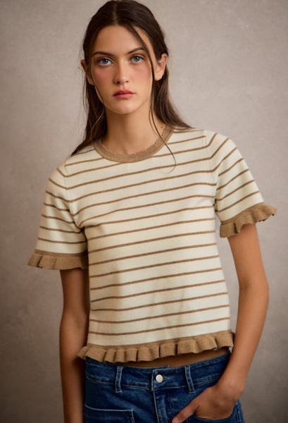 cream striped ruffle top