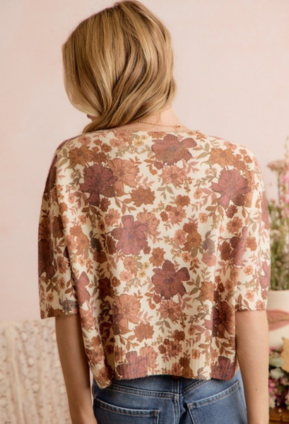 Brown floral short sleeve sweater back view