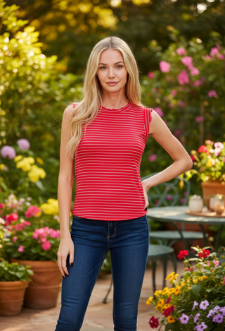 Rissa Red Striped Top with blue jeans