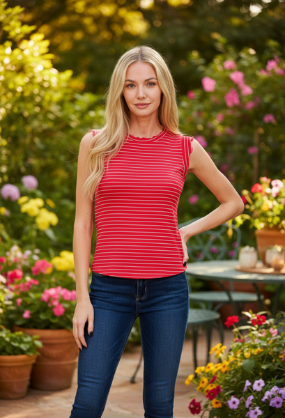 Rissa Red Striped Top with blue jeans