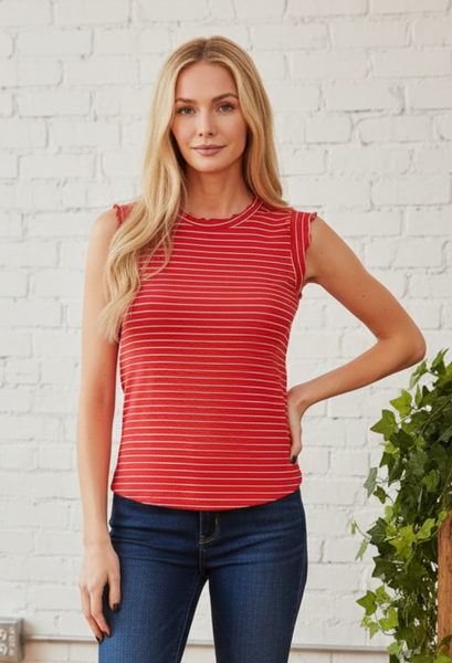 Rissa Ribbed Stripe Top in Red with jeans