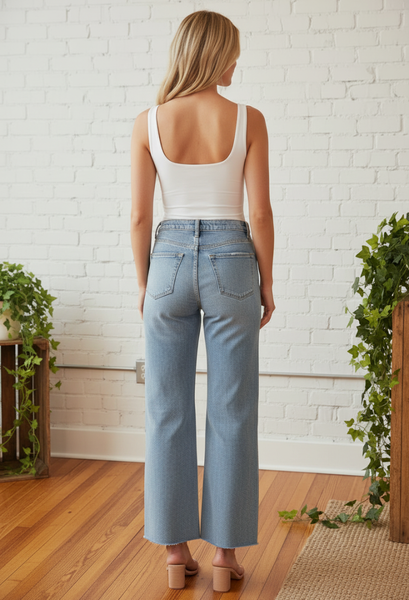 wide leg jeans with white top back view