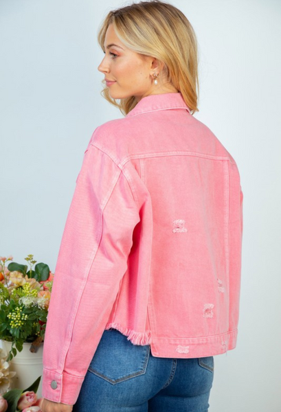 Distressed Denim Jacket in Pink