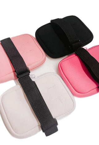 on the go mini accessory pouch in pink, black, cream and fushia pink