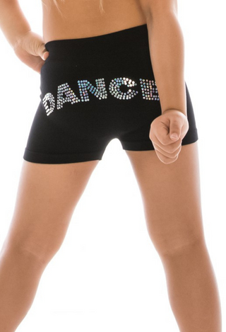 Black shorts with 'DANCE' in rhinestones on the back