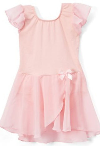 Pink dress with ruffled sleeves and a bow on a white background