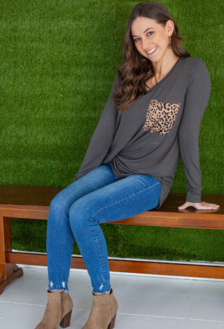 Leopard Pocket Top in charcoal