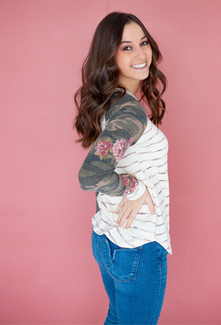 Floral V Stripe Top in oatmeal with jeans