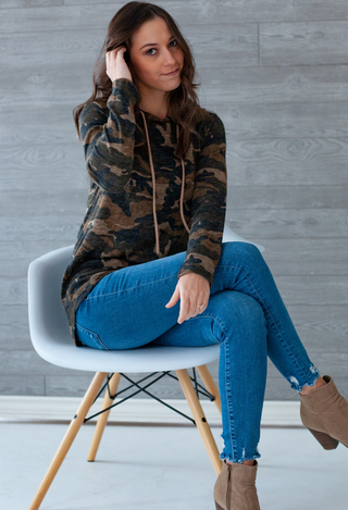 Camo Hoodie with jeans sitting