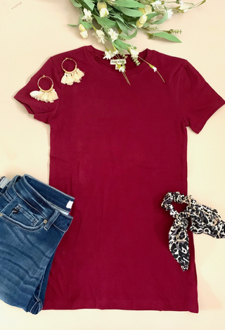 burgundy tee flatlay