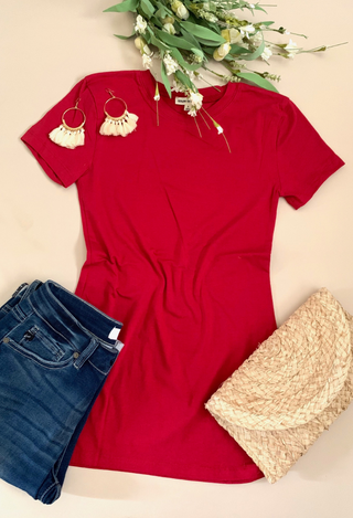 red tee flatlay