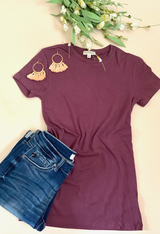 dark plum tee flatlay with jeans