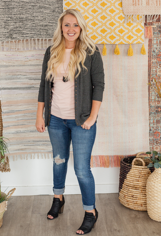 perfect sweater charcoal with pink top and jeans