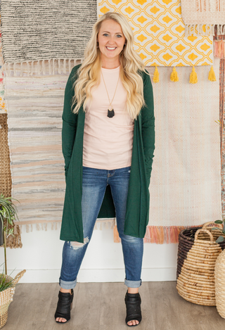 caraway duster cardigan in hunter green