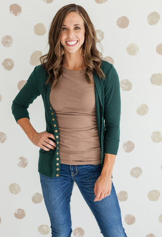 mocha tee with green perfect cardigan