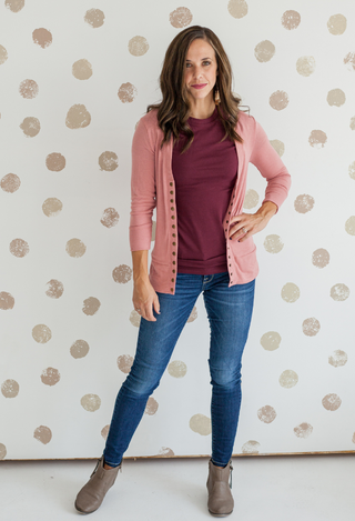 light rose cardigan with burgundy tee and jeans